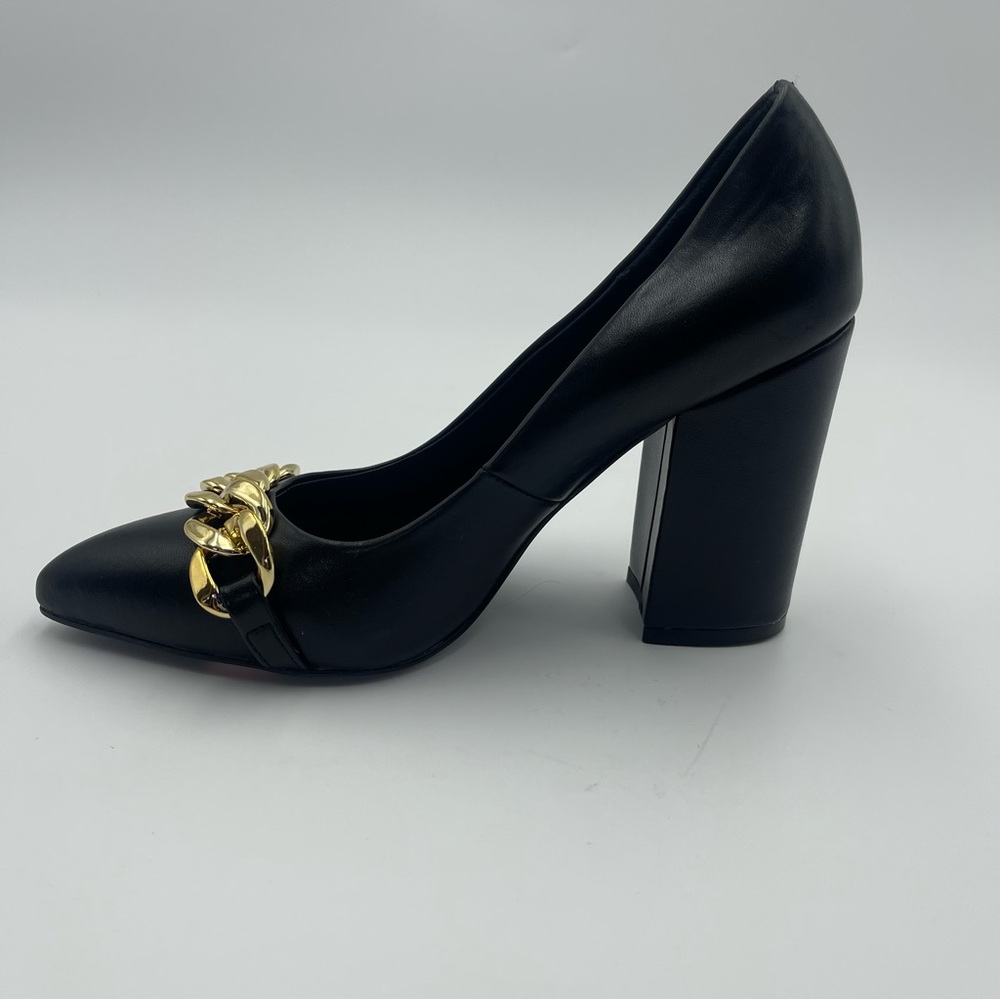 Black Leather Block Heel Pumps with Gold Chain Accent